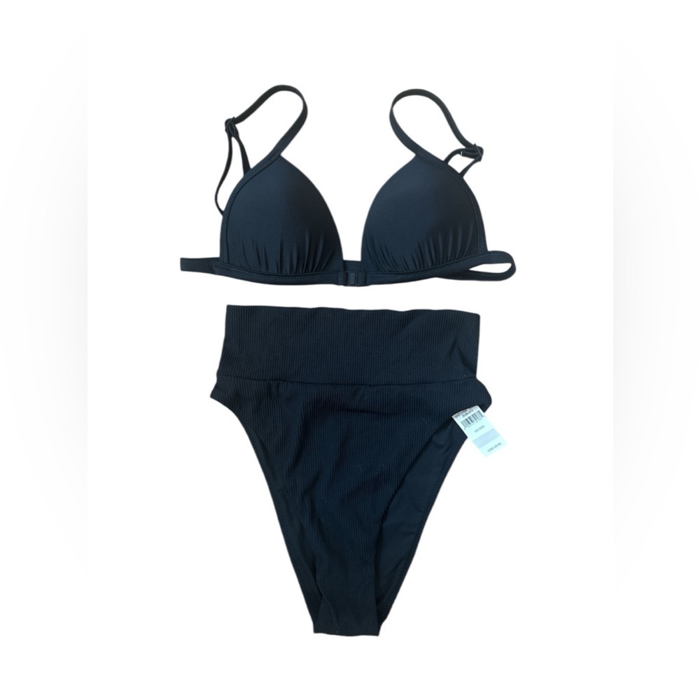 Aerie XXS Bikini top and ribbed hi cut cheeky‎ bottoms Black NWT